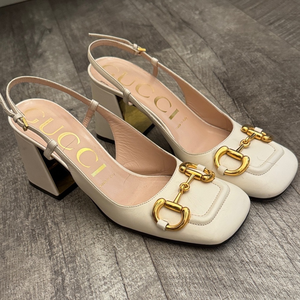 Gucci Women's Cream and Gold Block Heels